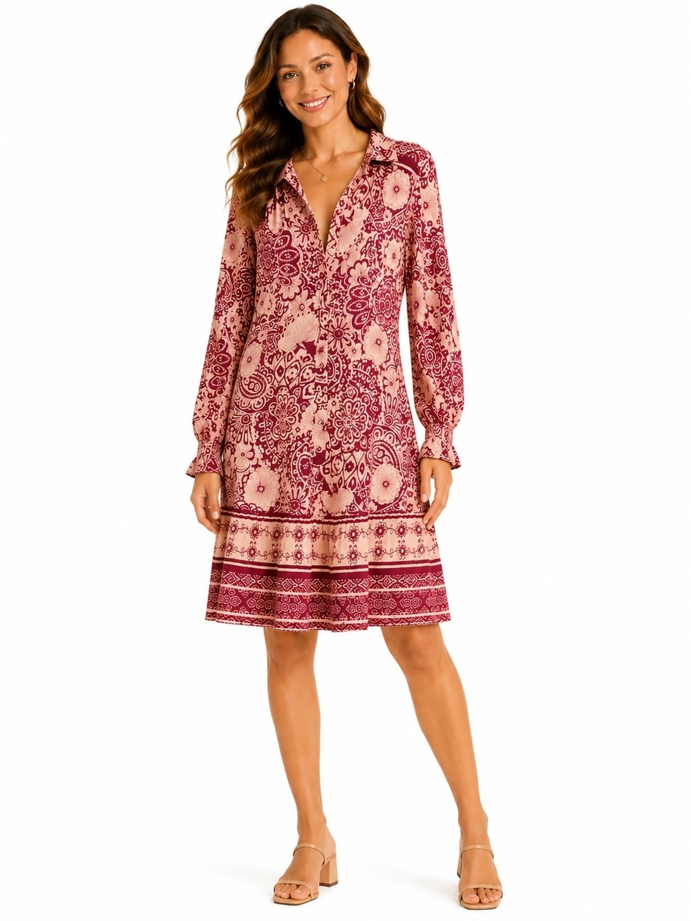 Umgee Red Floral-Print Long-Sleeve V-Neck Boho Dress Small
